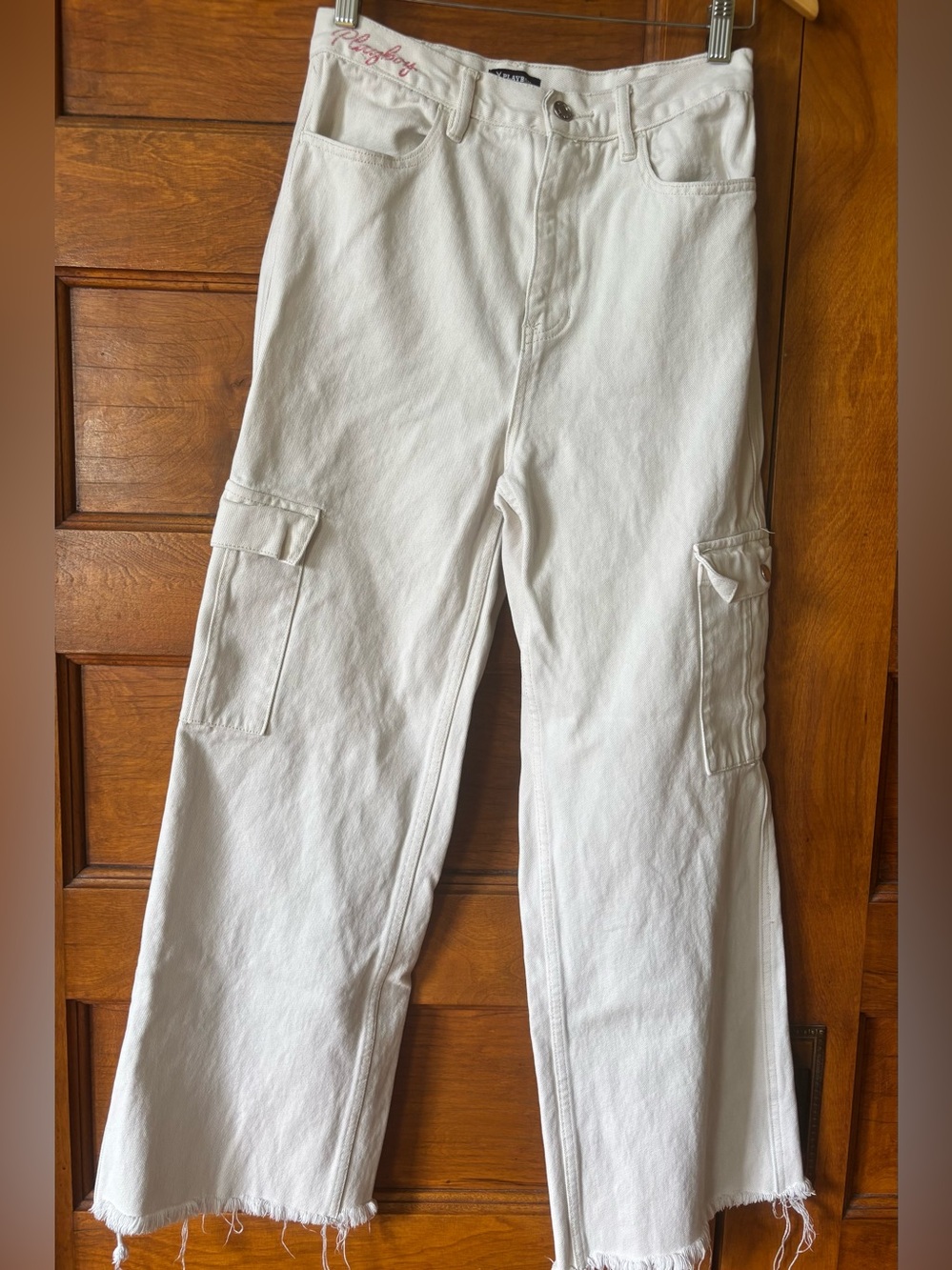 Playboy by Pacsun White Cargo Jeans with Frayed Hem